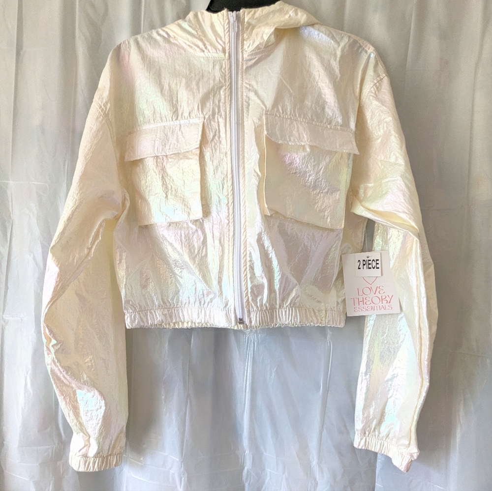 NWT Love Theory Iridescent Pearl-White 2 Piece Hooded Jacket And Pants